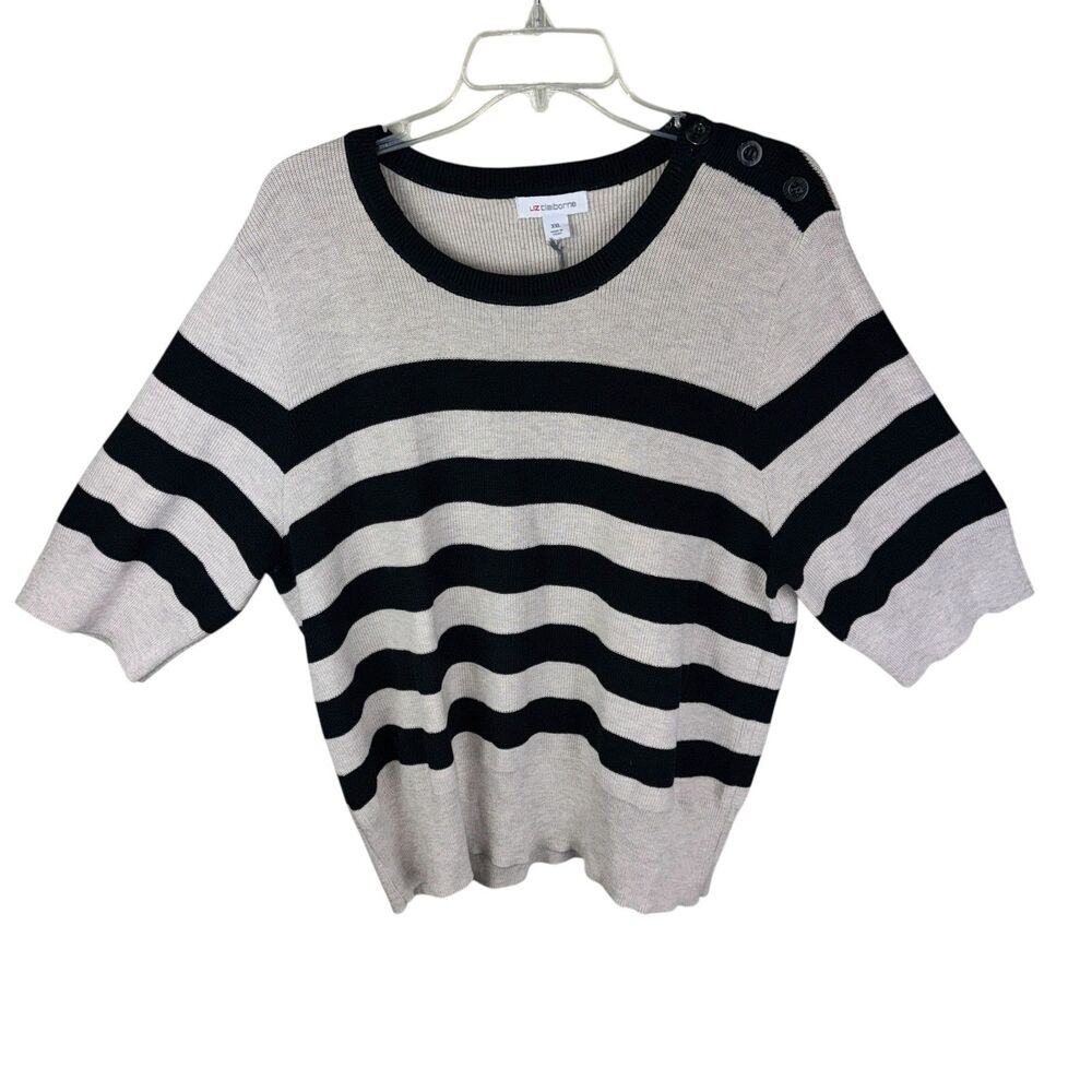 Liz Claiborne Striped Short Sleeve Knit Sweater XXL Beige Black Classic Work New